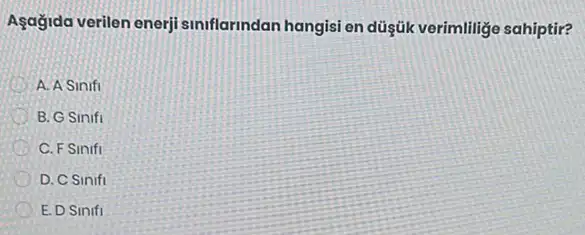 Agağida verilen enerji siniflarindan hangisi en düşik verimlilige sahiptir?
A. A Sinifi
B. G Sinifi
C. F Sinifi
D. C Sinifi
E. D Sinifi