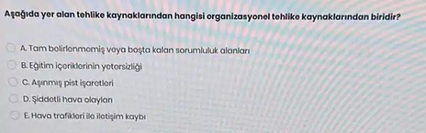 Agağida yer alan tehlike kaynaklarindan hangisi organizasyonel tehliko kaynaklarindan biridir?
A. Tam bolirlonmomiş voya boyta kalan sorumluluk alanlari
B. Egitim içoriklerinin yotorsizligi
C. Aginmiş pist işarotlori
D. Siddotli hava olaylan
E. Hava trafiklori ilo ilotişim kaybi