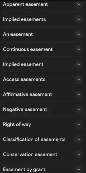 Apparent easement
Implied easements
An easement
Continuous easement
Implied easement
Access easements
Affirmative easement
Negative easement
Right of way
Classification of easements
Conservation easement
Easement by grant