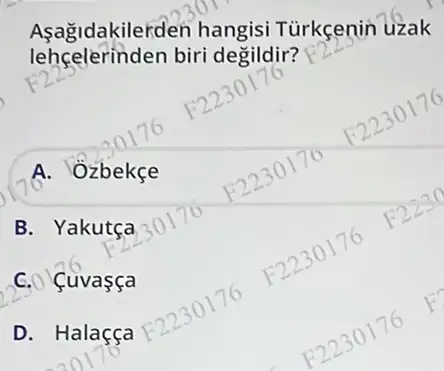 Asagidakilerden hangisi Tùrkçenin uzak
lehçelerinden biri degildir?
A. Ozbekçe
B. Yakutça
C. Cuvaçça
D. Halafça