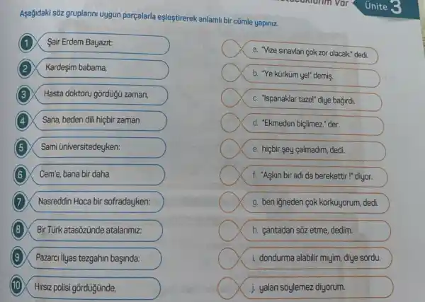 Asağidaki sōz gruplarin uygun parçalarla eşleştirerek anlami bir cümle yapiniz.
Sair Erdem Bayazit:
Kardeşim babama,
Hasta doktoru gordugu zaman.
Sana, beden dili hiçbir zaman
5 Sami üniversitedeyken:
6 Cem'e, bana bir daha
A
Nasreddin Hoca bir sofradayken:
(8) Bir Türk atasozünde atalarimiz:
(9) Pazarci ilyas tezgahin başinda:
(10)
Hirsiz polisi gõrdüğünde,
square  a. "Vize sinavlari cok zor olacak." dedi.
square  b. "Ye kürküm ye!demis.
square  c. "Ispanaklar tazel" diye bağirdi.
square  d. "Ekmeden biçilmez." der.
square  e. hiçbir sey calmadim dedi.
square  f. "Askin bir adi da berekettir !" diyor.
x g. ben igneden çok korkuyorum, dedi.
square  h. cantadan soz etme dedim.
x i. dondurma alabilir miyim diye sordu.
x j. yalan sõylemez diyorum.