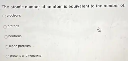 The atomic number of an atom is equivalent to the number of:
electrons
protons
neutrons
alpha particles
protons and neutrons