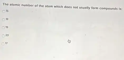 The atomic number of the atom which does not usually form compounds Is:
16
18
19
20
17