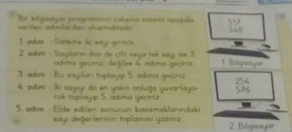 Bir bilgisayor programinin colisma sistemi apagida
verilen adimiardan olusmaktodir
1. adim : Sisteme iki sayi giriniz
2. adim : Saylarin ikisi de cift veya tek sayi ise 3
adima geciniz, degilse 4 adima geciniz
3. adim :Bu sayilar toplayip 5. adima geciniz.
4. adim : lki sauy da en yakn onluga yuvarlaya-
rak toplayip 5. adima geciniz
5. adim : Elde edilen sonucun basamaklarindaki
sayi degerlerinin toplamini yaziniz
517
348
1. Bilgisayar
576
2. Bilgisayar