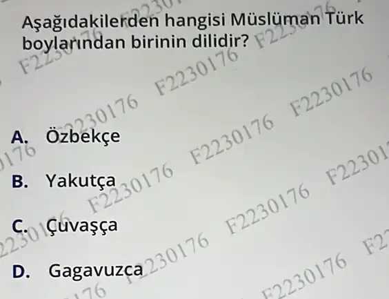 boylarindan birinin dilidir?
Asağidakilerden hangisi Müslüman furk
A. Ozbekçe
B. Yakutça
C. Cúvasça
D. Gagavuzca