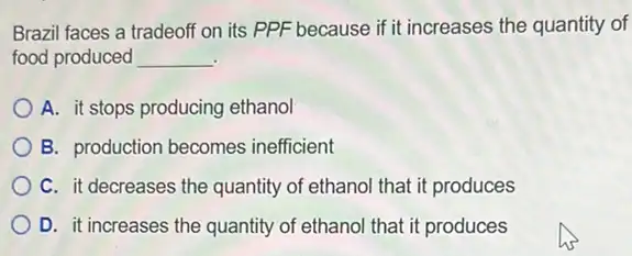 Brazil faces a tradeoft on its PPF because if it increases the quantity of
food produced __
A. it stops producing ethanol
B. production becomes inefficient
C. it decreases the quantity of ethanol that it produces
D. it increases the quantity of ethanol that it produces