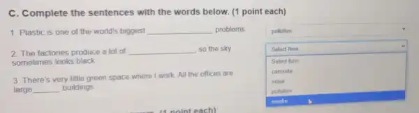 C. Complete the sentences with the words below. (1 point each)
1. Plastic is one of the world's biggest __ problems
2. The factories produce a lot of __ so the sky
sometimes looks black
3. There's very little green space where I work. All the offices are
large __ buildings
square 
square 
Select Item
Select Item
concrete
noise
pollution