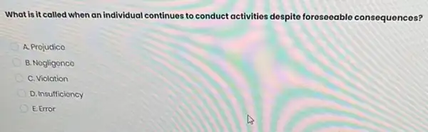 What is it called when an individual continues to conduct activities despite foreseeable consequences?
A. Projudice
B. Nogligonco
C. Violation
D. Insufficioncy
E. Error