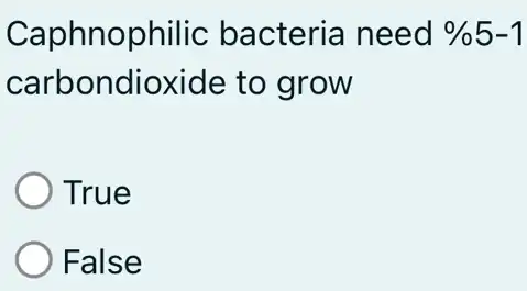 Caphnophilic bacteria need % 5-1
carbondioxide to grow
True
False