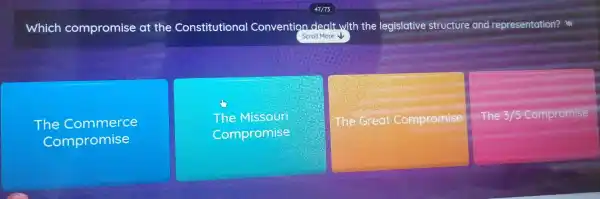 Which compromise at the Constitutional Convention dealt with the legislative structure and representation? isso
Scroll More
The Commerce
Compromise
The Missouri
Compromise
The Great Compromise
The 3/5 Compromise