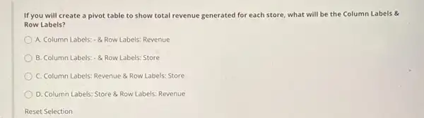 If you will create a pivot table to show total revenue generated for each store, what will be the Column Labels &
Row Labels?
A. Column Labels: -8 Row Labels: Revenue
B. Column Labels: -8 Row Labels: Store
C. Column Labels: Revenue &Row Labels: Store
D. Column Labels: Store Row Labels: Revenue
Reset Selection