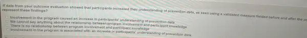 If data from your evaluation showed that participants increased their understanding of prevention data, as seen using a validated measure fielded before and after the pr
represent these findings?
Involvement in the program caused an increase in participants understanding of prevention data
We cannot say anything about the relationship participant knowledge
There is no relationship between program involvement and knowledge
Involvement in the program is associated with an increase in participants' understanding of prevention data