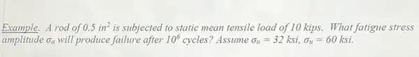 Example.A rod of 0.5in^2 is subjected to static mean tensile load of 10 kips. What fatigue stress
amplitude sigma _(a) will produce failure after 10^6 cycles? Assume sigma _(n)=32ksi,sigma _(u)=60ksi.