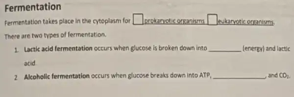 Fermentation
Fermentation takes place in the cytoplasm for square  prokaryotic organisms square  eukaryotic organisms.
There are two types of fermentation.
1. Lactic acid fermentation occurs when glucose is broken down into __ (energy) and lactic
acid
2 Alcoholic fermentation occurs when glucose breaks down into ATP, __ and CO_(2)