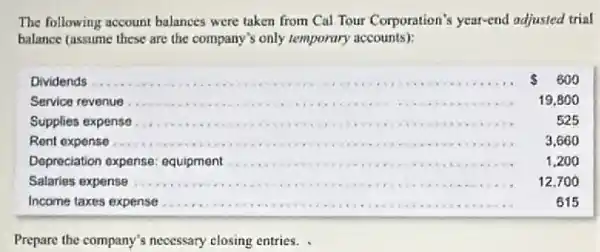 The following account balances were taken from Cal Tour Corporation?year-end adjusted trial
balance fassume these are the company's only temporary accounts):
Dividends	__ 600
Service revenue __	19.80 o
Supplies expense __	525
Rent expense	__ 3.660
Depreciation expense equipment __ 1,200
Sataries expense __ 12.7010
Income taxes expense __ 615
Prepare the company's necessary closing entries.