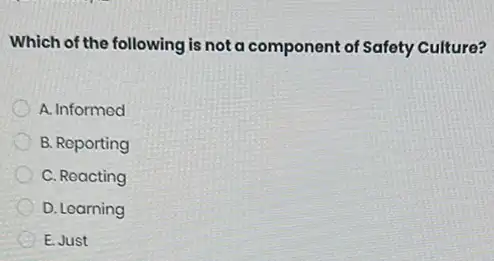 Which of the following is not a component of Safety Culture?
A. Informed
B. Reporting
C. Reacting
D. Learning
E. Just