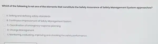 Which of the following is not one of the elements that constitute the Safety Assurance of Safety Management System approaches?
A. Sotting and dofining safoty standards
B. Continuous Improvement of Safoty Managomont Systom
C. Coordination of omorgoncy rosponso planning
D. Chango Managomont
E.Monitoring, ovaluating, improving and chocking the safoty porformance