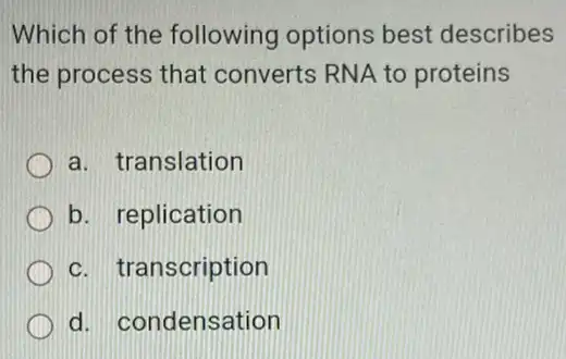 Which of the following options best describes
the process that converts RNA to proteins
a. translation
b. replication
c. transcription
d. condensation