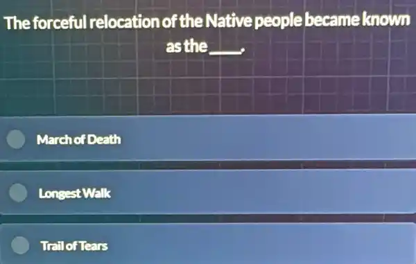 The forceful relocation of the Native people became known
as the __
March of Death
Longest Walk
Trail of Tears