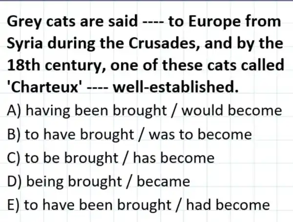 Grey cats are said -to Europe from
Syria during the Crusades , and by the
18th century,, one of these cats called
'Charteux'- well -established.
A) having been brought / would become
B) to have brought / was to become
C) to be brought / has become
D) being brought / became
E) to have been brought /had become