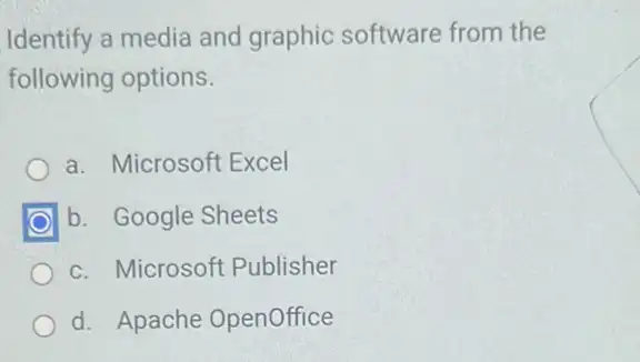 Identify a media and graphic software from the
following options.
a. Microsoft Excel
b. Google Sheets
c. Microsoft Publisher
d. Apache OpenOffice