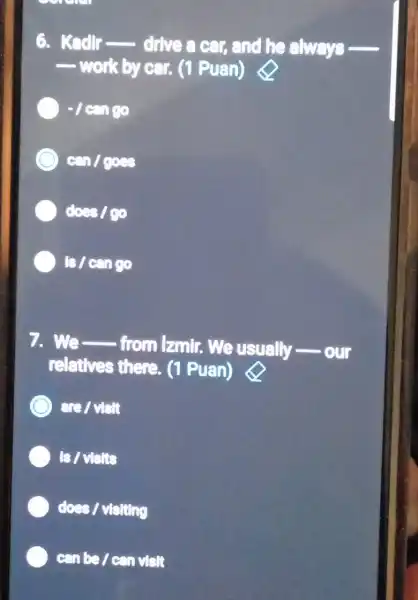 Kedr __
drive a car, and he always
__ work by car. (1 Puan)
- I can go
can / goes
does / go
is/can go
7. we __
- from Izmir. We usually our
relatives there (1 Puan)
are/visit
Is / visits
does / visiting
canbel can visit
