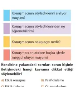 Konusmacinin sóylediklerini anliyor
muyum?
Konusmacinin sôylediklerinden ne
ôgrenebilirim?
Konusmacinin bakis açisi nedir?
Konusmaci anlatirken baska işlerle
mesgul oluyor muyum?
Kendisine yukaridaki sorulan soran kisinin
iletisimdeki hangi kavrama dikkat ettigi
soylenebilir?
A) Etkili konusma
B) Pasif dinleme
C) Erkili dinleme
Di Ôn varoili olma