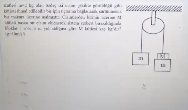 Kütlesi m=2kg olan ozdes iki cisim sekilde gortildigu gibi
kütlesi ihmal edilebilir bir ipin uçlarina baglanarak sürtinmesiz
bir makara üzerine asilmiştur. Cisimlerden birinin ủzerine M
kütleli baska bir cisim eklenerek sistem serbest birakildiginda
bloklar 1 s'de 3 m yol aldigina gõre M kütlesi kaç kg'dur?
(g=10m/s^2)
1
6 kg
2 kg
3
1 kg