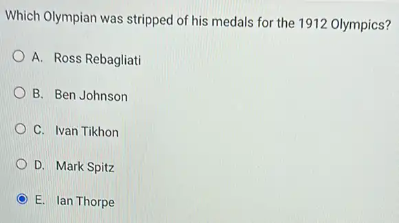 Which Olympian was stripped of his medals for the 1912 Olympics?
A. Ross Rebagliati
B. Ben Johnson
C. Ivan Tikhon
D. Mark Spitz
E. Ian Thorpe