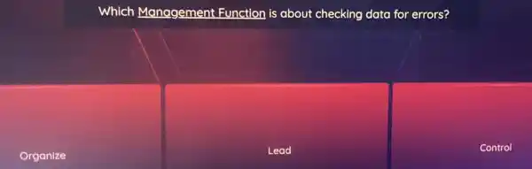 Organize
Which Management Function is about checking data for errors?
Lead
Control