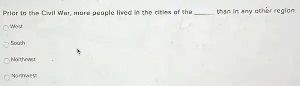 Prior to the Civil War, more people lived in the cities of the __ than in any other region.
West
South
Northeast
Northwest