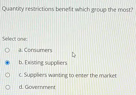 Quantity restrictions benefit which group the most?
Select one:
a. Consumers
C b. Existing suppliers
c. Suppliers wanting to enter the market
d. Government