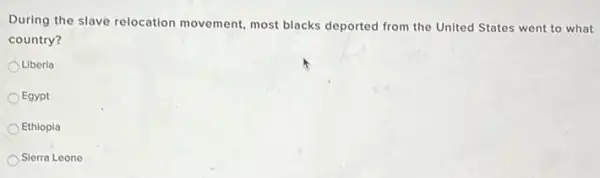 During the slave relocation movement, most blacks deported from the United States went to what
country?
Liberia
Egypt
Ethiopia
Slerra Leone