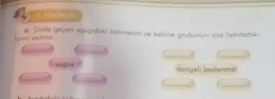 a. Slirde gecen asogidak kelimenin ve kelime grubunun size hatirlatik-
lanni yoziniz.
__
soghk
square 	__
square 	square 
dengeli beslenme
square 	square