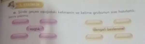 a. Slirde geçen asagidaki kelimenin ve kelime grubunun size hatirlatik-
lann yaziniz.
square 
soghk
square 	__
square 	__
dengeli beslenme
__	__