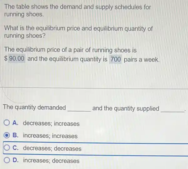 The table shows the demand and supply schedules for
running shoes.
What is the equilibrium price and equilibrium quantity of
running shoes?
The equilibrium price of a pair of running shoes is
 90.00 and the equilibrium quantity is 700 pairs a week.
The quantity demanded __ and the quantity supplied __
A. decreases; increases
B. increases; increases
C. decreases; decreases
D. increases; decreases