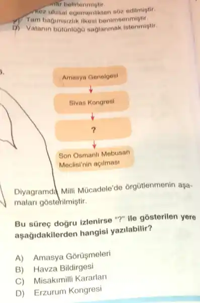 Tam bagimsizlik ilkes benimsenmiptir.
D) Vatanin botontogo saglanmak istenmiptir.
Amasya Genelgesi
Sivas Kongresi
square 
Son Osmanli Mebusan
Meclisi'nin açilmasi
Diyagramda Milli Múcadele'de órgütlenmenin aşa-
malari gosterilmiştir.
Bu süreç doğru izlenirse "?" ile gósterilen yere
aşağidakiler en hangisi yazilabilir?
A) Amasya Górüşmeleri
B) Havza Bildirgesi
C) Misakimill i Kararlan