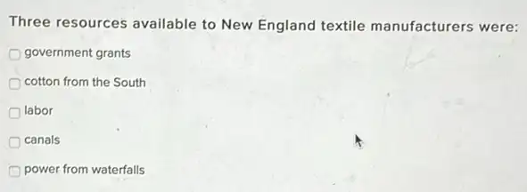 Three resources available to New England textile manufacturers were:
government grants
cotton from the South
labor
canals
power from waterfalls