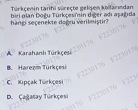 Tùrkçenin tarihi sureçte gelisen kollarindan
biri olan Dogu Tùrkçesi'nin diger adi aşagida
hangi seçenekte doğru verilmiştir?
A. Karahanli Tùrkçesi
B. Harezm Tùrkçesi
C. KIpçak Tùrkçesi 16
D. Cagatay Turkçesi