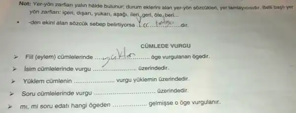 Not: Yer-yōn zarflar yalin hâlde bulunur:durum eklerini alan yer-yōn sõzcükleri, yer tamlayicisidir. Belli bagili yer
yōn zarflari: içeri, dişari , yukari, aşaği, ileri, geri , ốte,/beri...
-den ekini alan sôzcúk sebep belirtiyorsa __ dir
CỦMLEDE VURGU
Fiil (eylem)cũmlelerinde .
__
..... Ôge vurgulanan ôgedir.
isim cümlelerinde vurgu __ .........üzerindedir.
Yüklem cũmlenin __ vurgu yüklemin üzerindedir.
> Soru cũmlelerinde vurgu __ üzerindedir
mi, mi soru edati hangi ōgeden __ gelmişse o ôge vurgulanir.