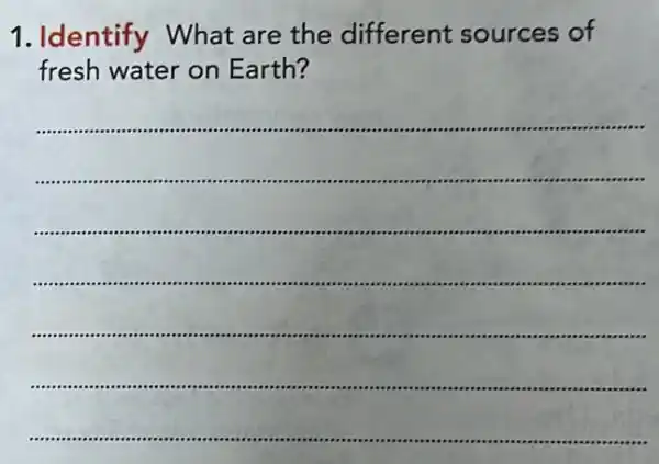 1 . Identify What are the different sources of
fresh water on Earth?
__