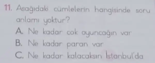 11. Asagidaki cumlelerin hangisinde soru
anlami yoktur?
A. Ne kadar cok oyuncagin var
B. Ne kadar paran var
C. Ne kadar kalacaksin Istanbul'da