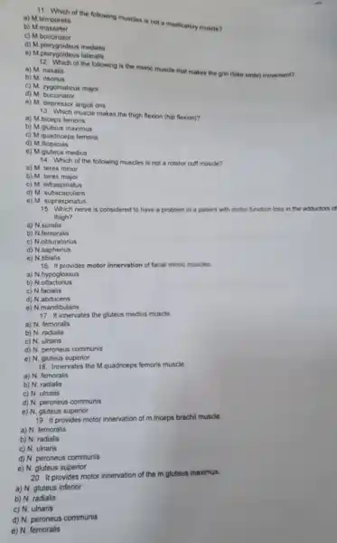 11. Which of the following muscles is not a masticatory muscle?
a) M.temporalis
b) M masseter
c) M buccinator
d) M.pterygoideus medialis
e) M pterygoideus lateralis
12. Which of the following is the mimic muscle that makes the grin (fake smile) movement?
a) M. nasalis
b) M. risorius
c) M. zygomaticus major
d) M buccinator
e) M. depressor angul oris
13. Which muscle makes the thigh flexion (hip flexion)?
a) M.biceps femoris
b) M.gluteus maximus
c) M.quadriceps femoris
d) Miliopsoas
e) M.gluteus medius
14. Which of the following muscles is not a rotator cuff muscle?
a) M. teres minor
b) M. teres major
c) M. infraspinatus
d) M. subscapularis
e) M. suprasp inatus
15. Which nerve is considered to have a problem in a patient with motor function loss in the adductors of
thigh?
a) N.suralis
b) N.femoralis
c) N.obturatorius
d) N.saphenus
e) N.tibialis
16. It provides motor innervation of facial mimic muscles
a) N.hypoglossus
b) N olfactorius
c) N.facialis
d) N.abducens
e) N.mandibularis
17. It innervates the gluteus medius muscle.
a) N. femoralis
b) N. radialis
c) N. ulnaris
d) N. peroneus communis
e) N. gluteus superior
18. Innervates the M quadriceps femoris muscle.
a) N. femoralis
b) N. radialis
c) N. ulnaris
d) N. peroneus communis
e) N. gluteus superior
19. It provides motor innervation of m.triceps brachii muscle.
a) N. femoralis
b) N. radialis
c) N. ulnaris
d) N. peroneus communis
e) N. gluteus superior
20. It provides motor innervation of the m gluteus maximus.
a) N. gluteus inferior
b) N radialis
c) N. ulnaris
d) N. peroneus communis
e) N. femoralis
