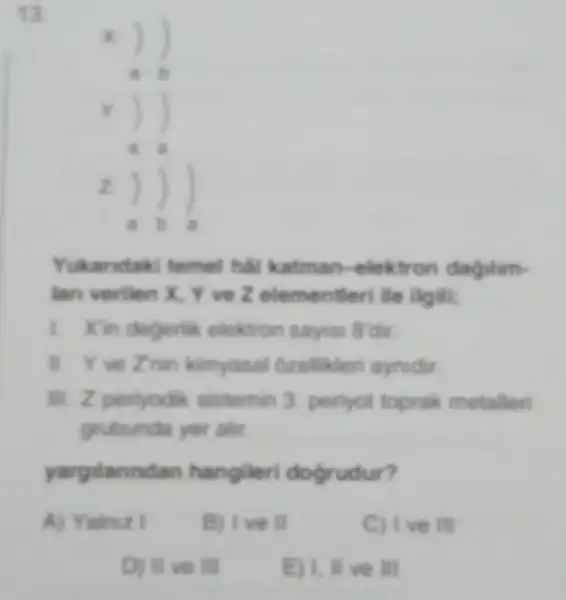 13
Yukaridaki temel hai katman -elektron dağilim-
lan verilen X, Y ve Z elementleri lie ilgili:
1. Xin degerlik elektron saysis 8'dir
1. Yes Znin kimyasal Gzelliklen aynidir.
III. Z periyodik sistemin 3 periyot toprak metalleri
grubunda yer alir.
yargilanndan hangiler dogrudur?
A) Yainuz I
B) I've II
C) I ve III