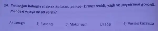 14. Yenidoğan bebegin cildinde bulunan,pembe-kirmizi renkli yagli ve peynirimsi gorünü-
mündeki yapiya ne ad verilir?
A) Lanugo
B) Plasenta
C) Mekonyum
D) Losi
E) Veniks kazeoza