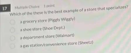 17
Which of the these is the best example of a store that specializes?
a grocery store (Plggly Wiggly)
a shoe store (Shoe Dept.)
a department store (Walmart)
a gas station/convenience store (Sheetz)
Multiple Choice 1 point