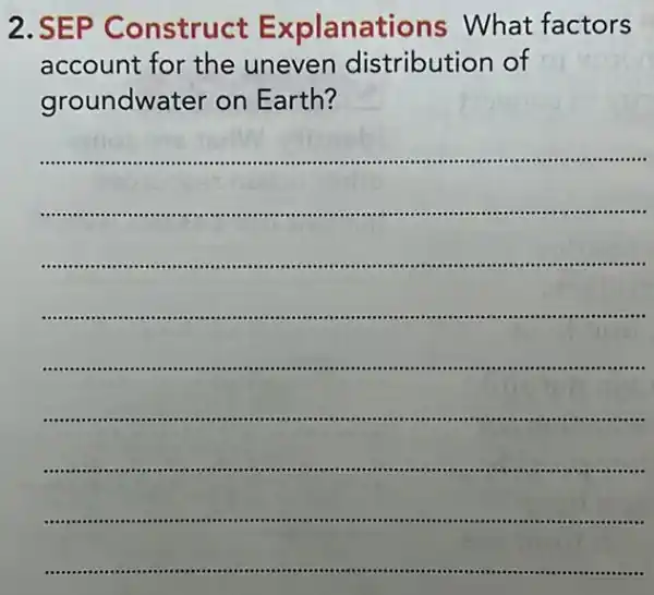 2 EP Construct E lanations What factors
account for the uneven stribution of
groundwat on Earth?
__
....................................-..................................
.............................................
....-...-...............................-...............-........
............-......................
..................................
........-................