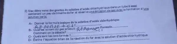 2) Une élève verse des gouttes de solution d'acide chlorhydrique dansun tube:essal
contenant un peu do limaille defer at observe unedmission degaz aves la formation d'une
solution verte
A- Donner la formuleionique dela solution d'acide chlorhydrique
A. P-Pon-se...........................................................
B- Quefost le nom du gaz produit :
usa Formule
__
Comment on la détecte?
__
C- Quels sont les ions formés?
__
D- Eorire l'équation bilan de
__