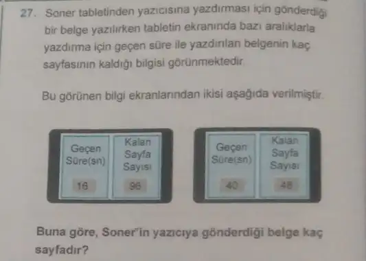 27. Soner tabletinden yazicisina yazdirmasi için gonderdigi
bir belge yazilirken tabletin ekraninda bazi araliklarla
yazdirma için geçen süre ile yazdinian belgenin kaç
sayfasinin kaldiği bilgisi gorünmektedir.
Bu gorünen bilgi ekranlarindan ikisi aşağjida verilmiştir.
Kalan
Gecen
Savfa
Kalan
Gecen
Sayfa
Sore (sn)
Sav si
Süre(sn)
Say sl
16	96	40	48
Buna gōre, Soner"in yaziciya gồnderdigi belge kas
sayfadir?