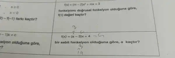 2,xgeqslant 0 xlt 0 2)-f(-1)fet
2) - f(-1) fark kaçtir?
f(x)=(m-2)x^2+mx+3
fonksiyon u doğrusal fonksiyon olduguna gōre,
f(1) de geri kaçtir?
f(x)=(a-3)x+4
bir sabit for nksiyon old ugun gõre,a kactir?
-1)x+c
csiyon olduguna gõre,